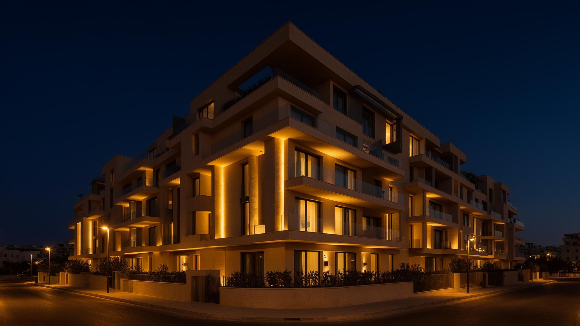 Modern Mediterranean residential building at dusk